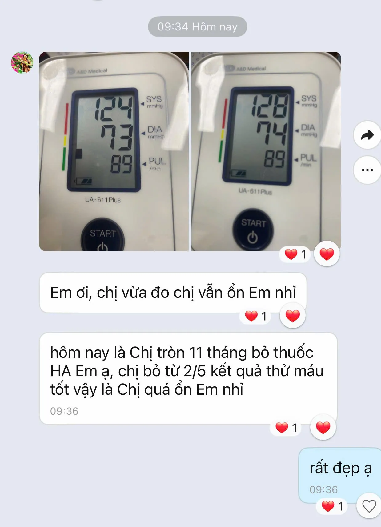 (Hình ảnh máy đo huyết áp ổn định tại nhà và lời xác nhận tròn 11 tháng bỏ thuốc hạ áp của chị Huyền)